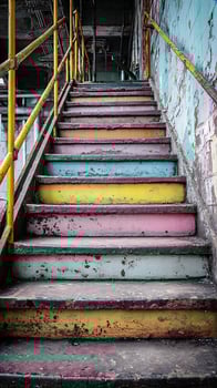Colorful Peeling Stairs Ascend Through Urban Decay and Industrial Grit. photo