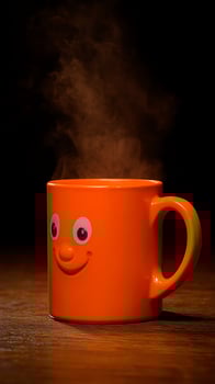 Happy Orange Mug with Steaming Hot Drink on Wooden Table. photo