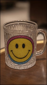 Sparkly Smiley Face Glass Mug Brings Instant Joy and Good Vibes. photo