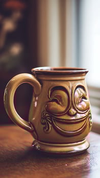 Cozy brown mug with a smiling face design sits on a wooden table. photo