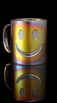 Shiny Metallic Mug Reflects Happy and Sad Faces with Colorful Hues. photo