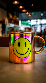 Golden Smiley Mug Reflecting Vibrant Colors in Soft Bokeh Background. photo