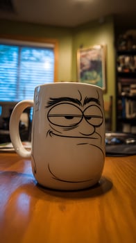 Grumpy Face Mug on Table Ready for a Morning Coffee photo