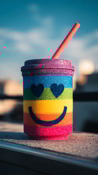 Rainbow Glitter Cup with Happy Face and Straw Against Blue Sky. photo