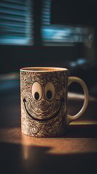 Happy Morning Coffee Mug with Playful Design on Wooden Table. photo