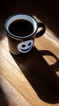 Black coffee mug with a happy face on a wooden table. photo