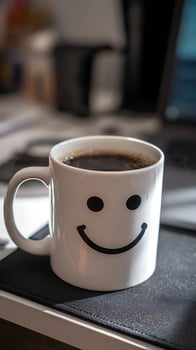 Coffee mug with a smiley face, morning happiness on the desk. photo