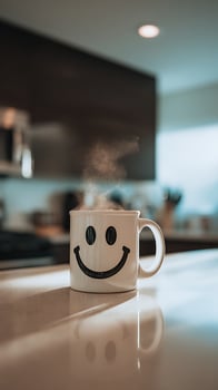 Hot Coffee with a Happy Face Steam Rising in a Modern Kitchen. photo