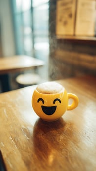 Happy Coffee Cup Steam Rising on a Warm Wooden Table. photo