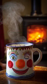 Cozy steaming mug with a cheerful clown face by a warm fire. photo
