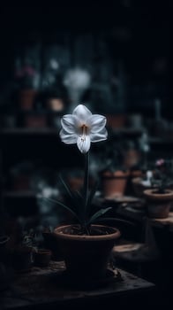 Delicate White Flower Blooms in Moody Dark Greenhouse Setting. photo
