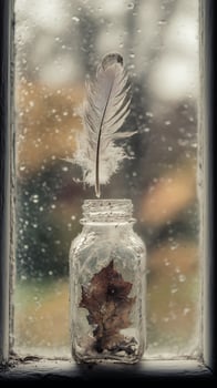 Feather and Leaf Trapped in a Jar on a Rainy Day. photo