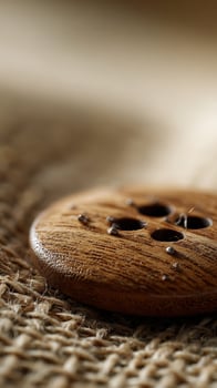 Close Up Of A Natural Wooden Button On Rough Fabric. photo