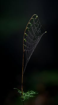 Delicate Dewdrops Adorn an Intricate Spiderweb on a Dark Background. photo