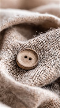 Close up of a natural wooden button on textured fabric. photo