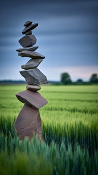 Stone Cairn Stacked in a Green Field Under a Moody Sky. photo