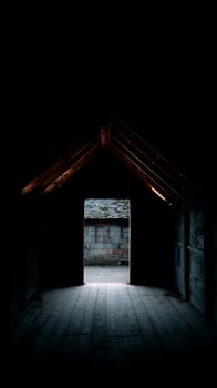 Mysterious Open Doorway Leading to Old Brick Building and Mossy Roof. photo