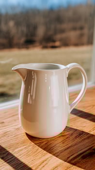 A Simple White Pitcher Sitting on a Wooden Surface Outdoors. photo