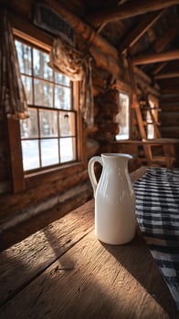 Cozy Cabin Scene With Milk Pitcher and Snowy Window View. photo