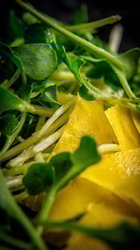 Vibrant Yellow Pepper and Fresh Greens Close Up. photo