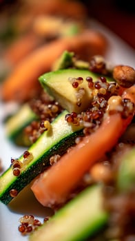 Close up on healthy quinoa salad with fresh avocado and vegetables. photo