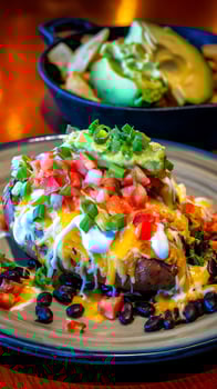 A Loaded Baked Sweet Potato with Guacamole and Salsa. photo