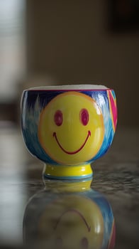 Colorful Smiley Face Mug Reflecting Happiness and Joyful Mornings. photo