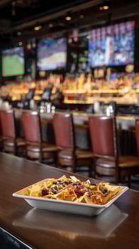 Delicious Nachos with Colorful Toppings on a Bar Counter with TVs photo