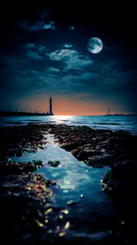 Majestic Lighthouse Under a Full Moon at Dusk by the Sea. photo