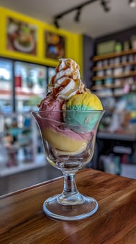 A delicious ice cream sundae with whipped cream and caramel sauce. photo