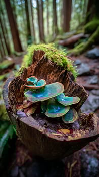 Enchanting Teal Mushrooms Growing on a Mossy Log in a Forest. photo