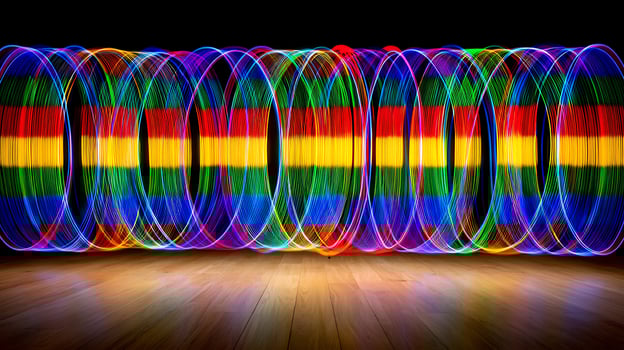 Dynamic Rainbow Light Trails dancing over Wooden Floor. photo