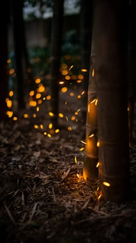 Glowing Embers Dance Around Bamboo Stalks at Dusk. photo