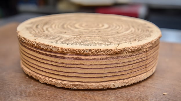 Close up of a layered wooden object with intricate markings. photo
