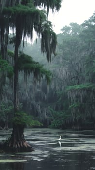 Serene Swamp Scene with a Lone Heron Amidst Spanish Moss Draped Trees. photo