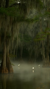 Egrets in Foggy Cypress Swamp with Spanish Moss Draping Trees. photo