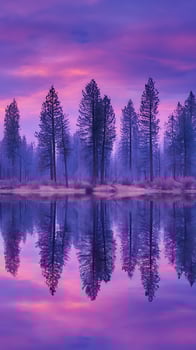 Serene Forest Reflection Under a Purple Twilight Sky. photo