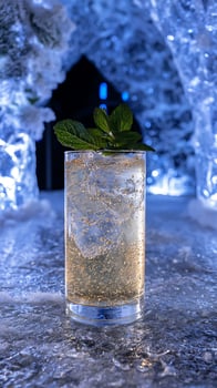 Refreshing Iced Drink With Mint Garnish Set Against Blue Ice Scenery. photo