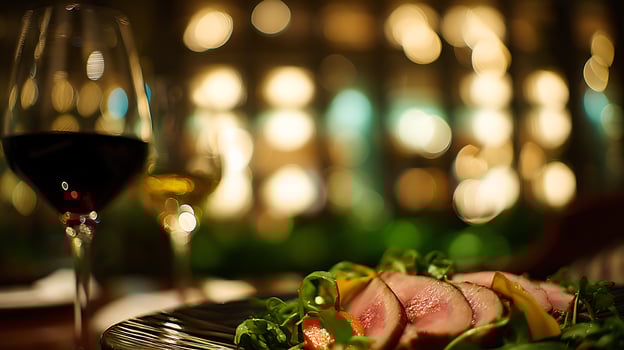 Savor the Moment Exquisite Meal with Fine Wine and Soft Bokeh Lights. photo