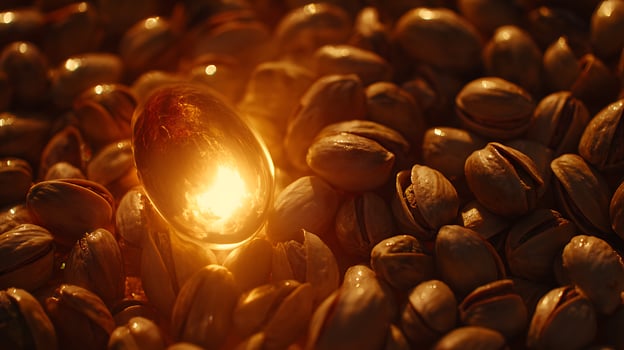 Glowing Amber Droplet Among Warm Pistachios, Capturing a Radiant Moment. photo