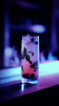 Refreshing Blueberry Mint Drink Glows in Moody Nightclub Lighting. photo