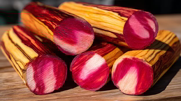 Vibrant Red and Yellow Natural Wood Slices Creating a Striking Pattern. photo