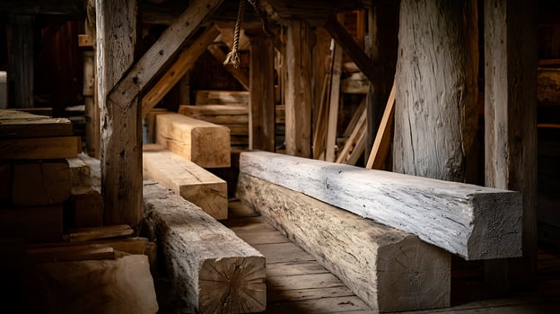 Old Timber Beams Inside Rustic Wooden Structure with Natural Lighting. photo