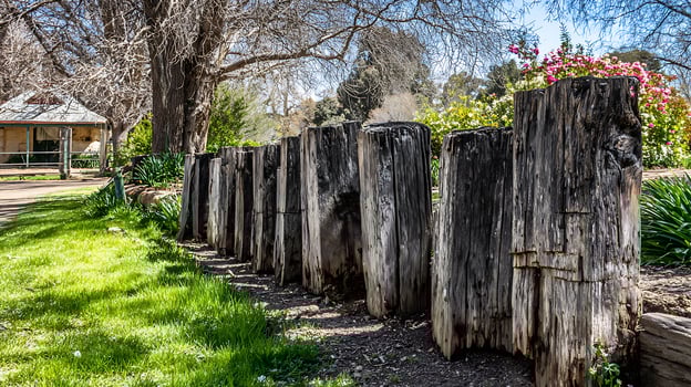 Rustic Wooden Fence Bordering a Vibrant Spring Garden Scene. photo