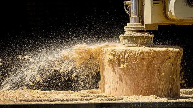 Woodworking machinery cuts log sending sawdust flying in dramatic action. photo