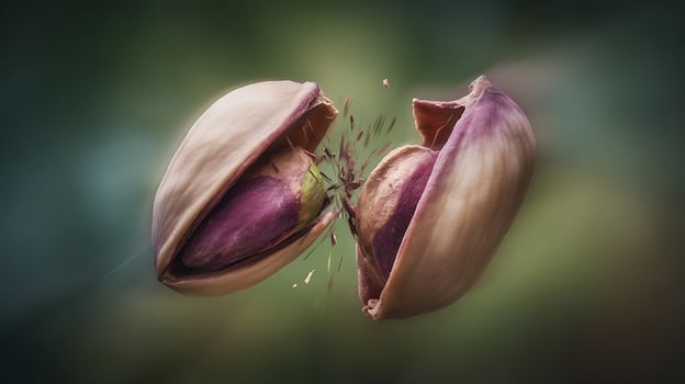 Split Pistachios Exploding with Delicious Purple Seeds in Macro Shot. photo