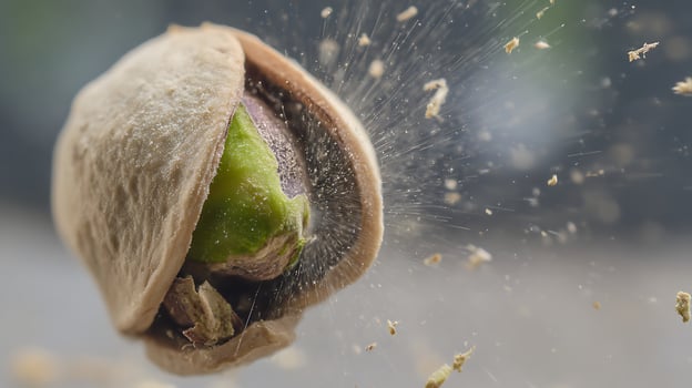 Close Up Of A Pistachio Cracking Open With A Burst Of Tiny Pieces photo
