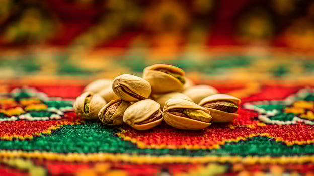 A Pile of Delicious Pistachios on a Colorful Woven Surface. photo