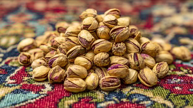 Delicious Pistachios Piled High On Colorful Woven Fabric. photo