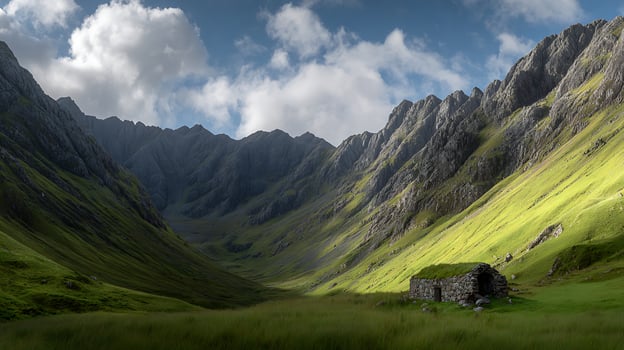 Stone Hobbit House Nestled in a Lush Green Scottish Highland Valley. photo